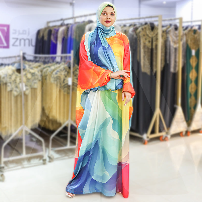 Practical Printed - silky satin prayer dress with headscarf