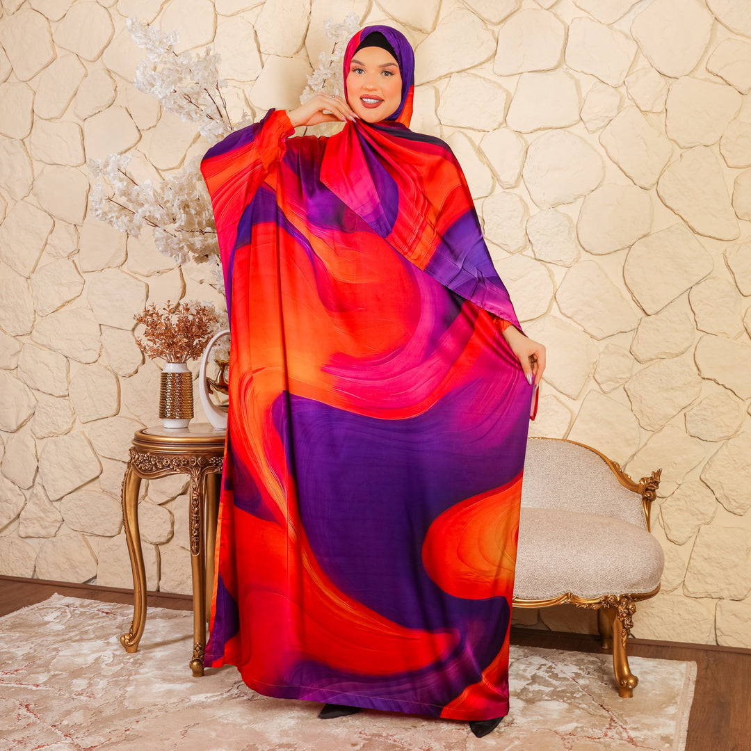 Practical Printed - silky satin prayer dress with headscarf
