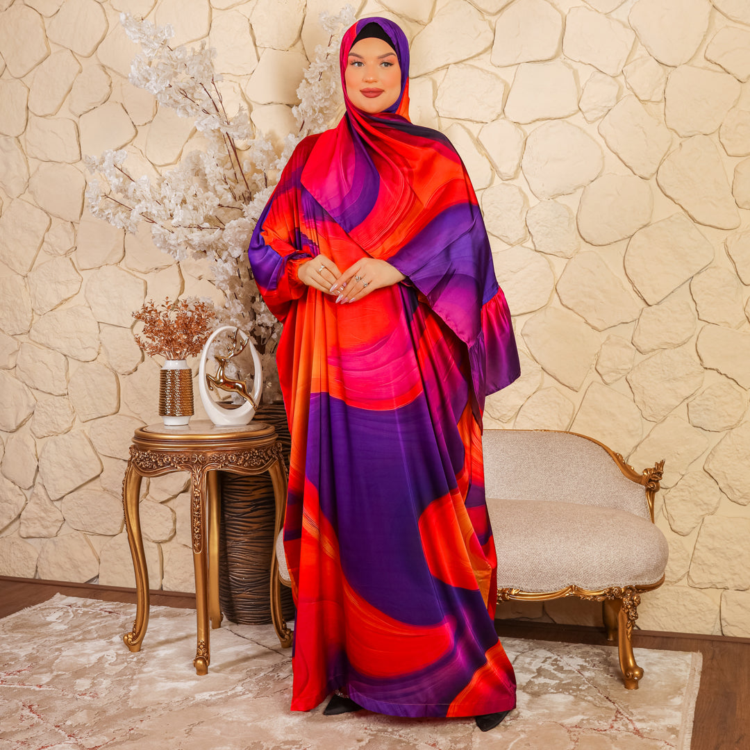 Practical Printed - silky satin prayer dress with headscarf