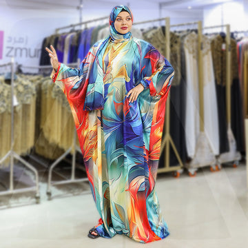 Practical Printed - silky satin prayer dress with headscarf