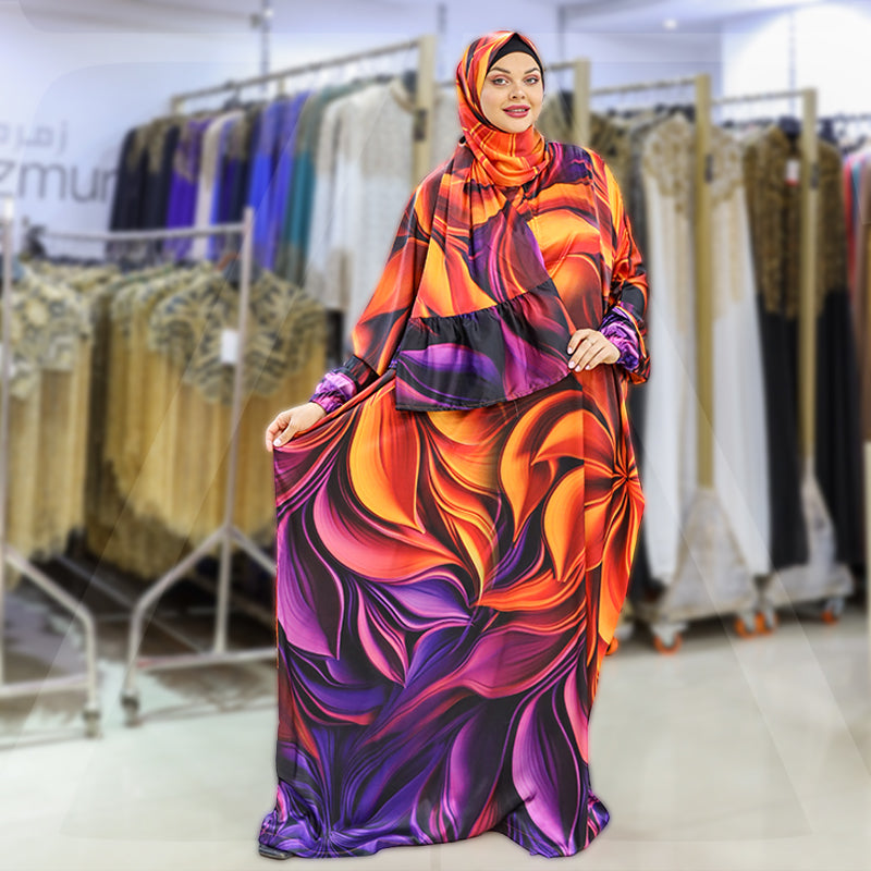 Practical Printed - silky satin prayer dress with headscarf