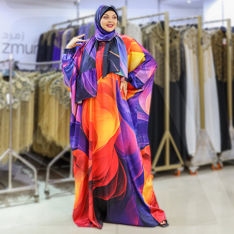 Practical Printed - silky satin prayer dress with headscarf