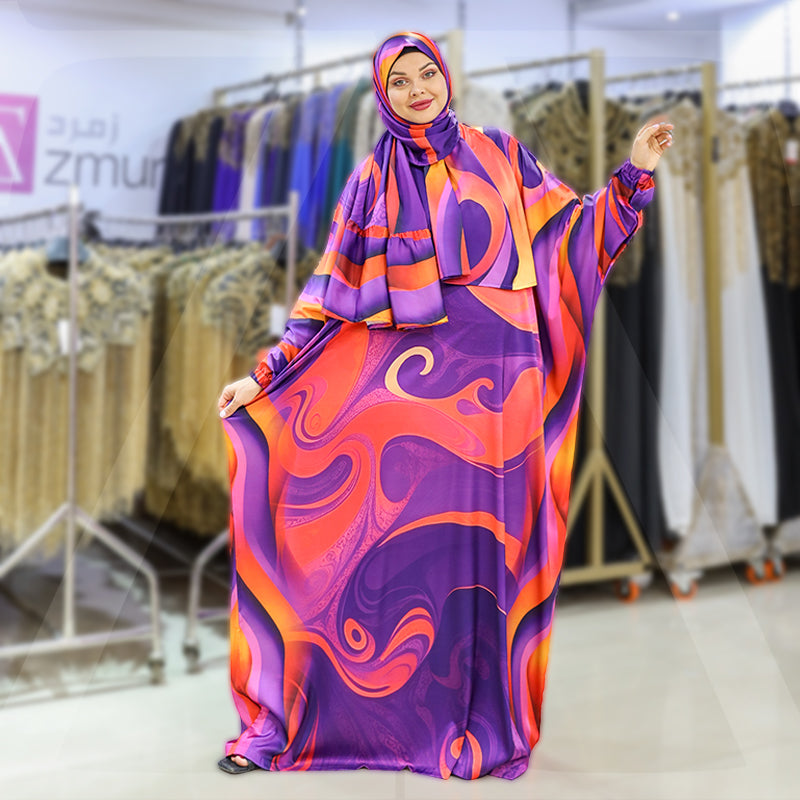 Practical Printed - silky satin prayer dress with headscarf