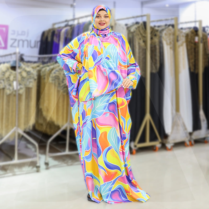 Practical Printed - silky satin prayer dress with headscarf