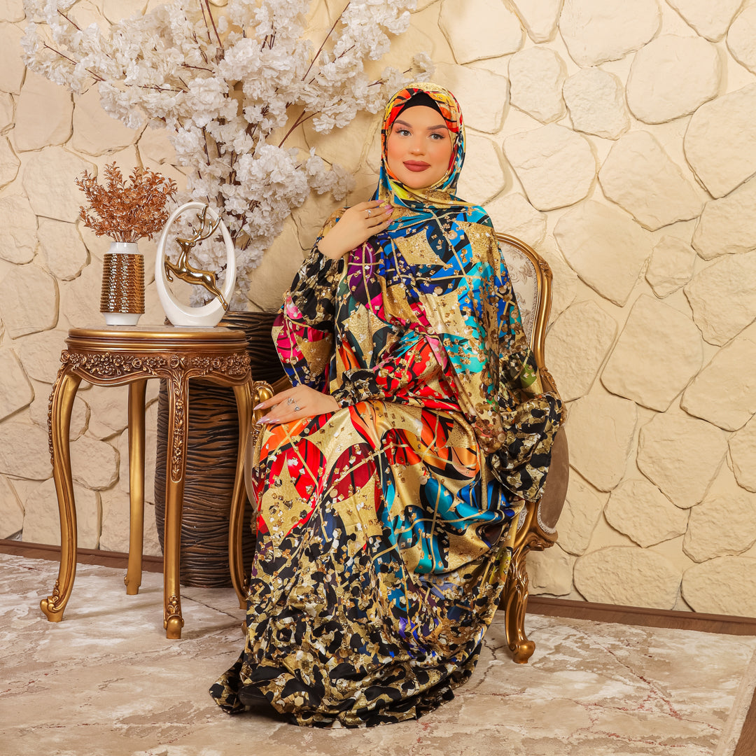 Practical Printed - silky satin prayer dress with headscarf
