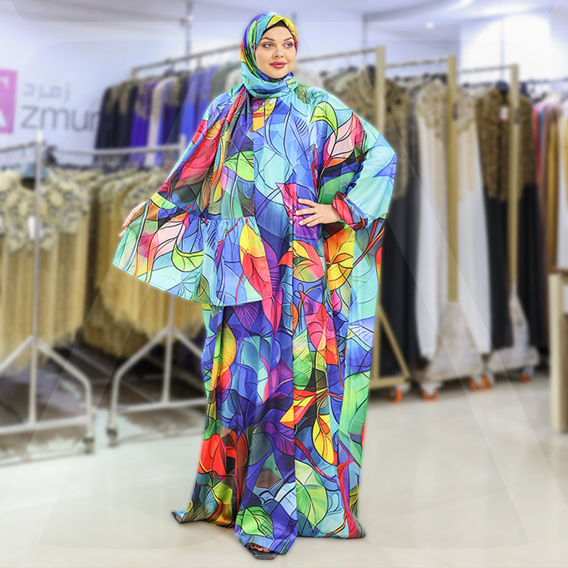 Practical Printed - silky satin prayer dress with headscarf