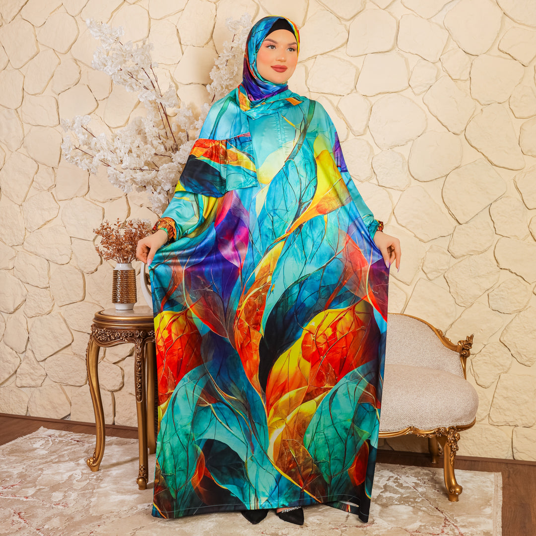 Practical Printed - silky satin prayer dress with headscarf