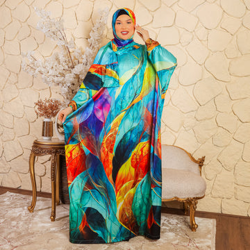 Practical Printed - silky satin prayer dress with headscarf