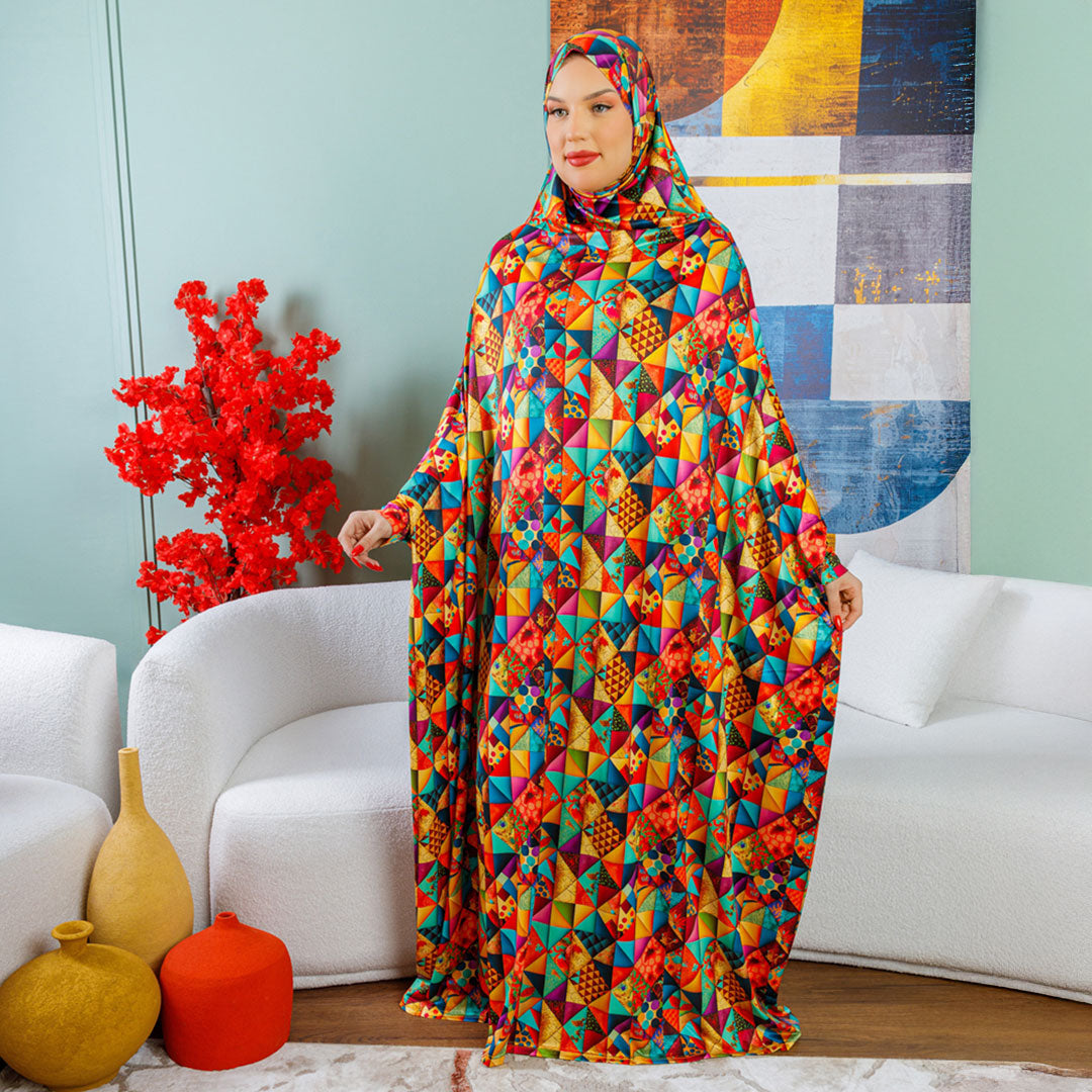 Practical  Kuwaiti Jersey prayer dress  with headscarf- Printed
