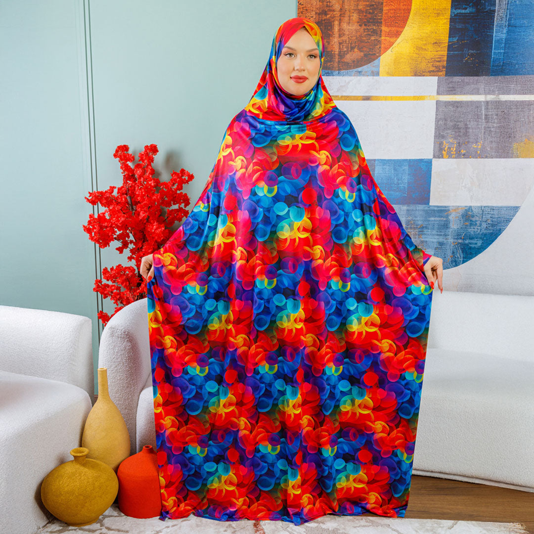 Practical  Kuwaiti Jersey prayer dress  with headscarf- Printed