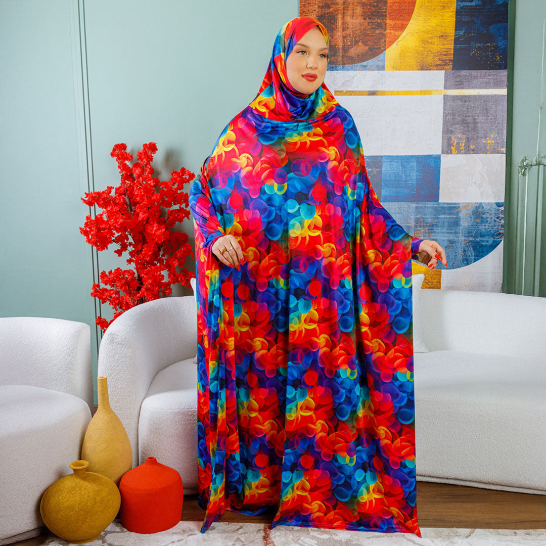 Practical  Kuwaiti Jersey prayer dress  with headscarf- Printed