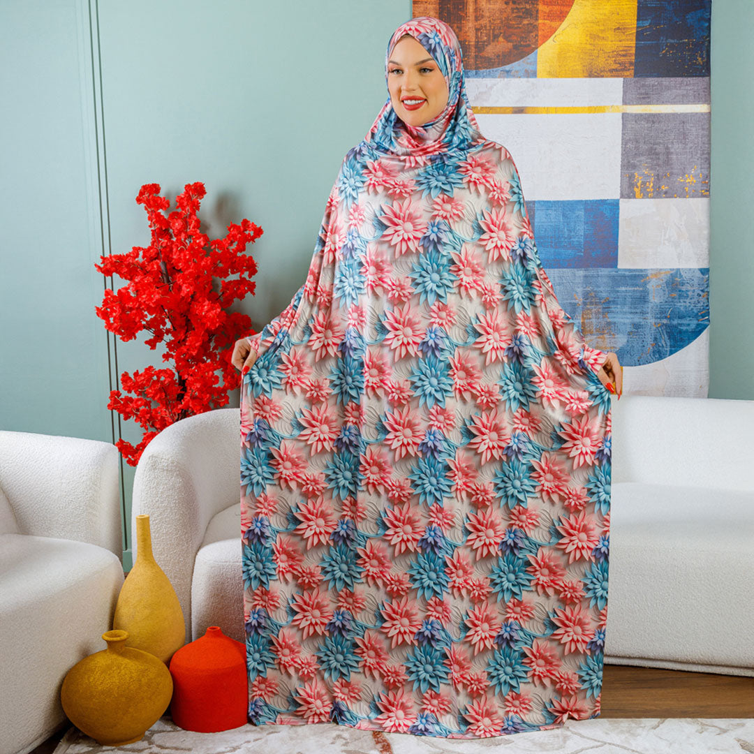 Practical  Kuwaiti Jersey prayer dress  with headscarf- Printed
