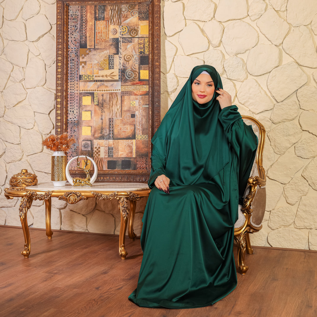 French - Practical plain silky satin prayer dress with headscarf