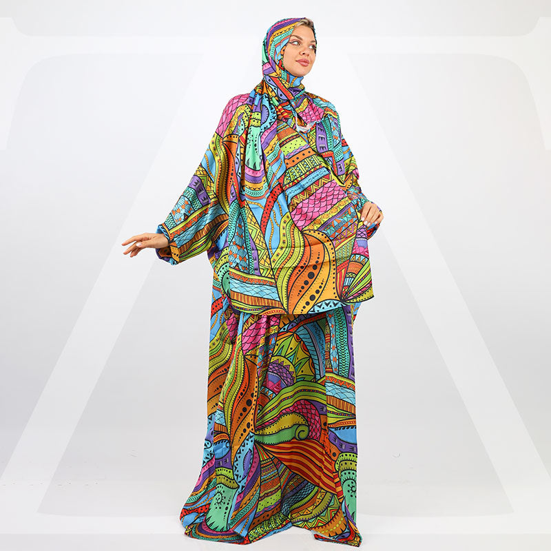 Practical Printed - silky satin prayer dress with headscarf
