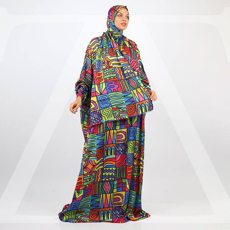 Practical Printed - silky satin prayer dress with headscarf