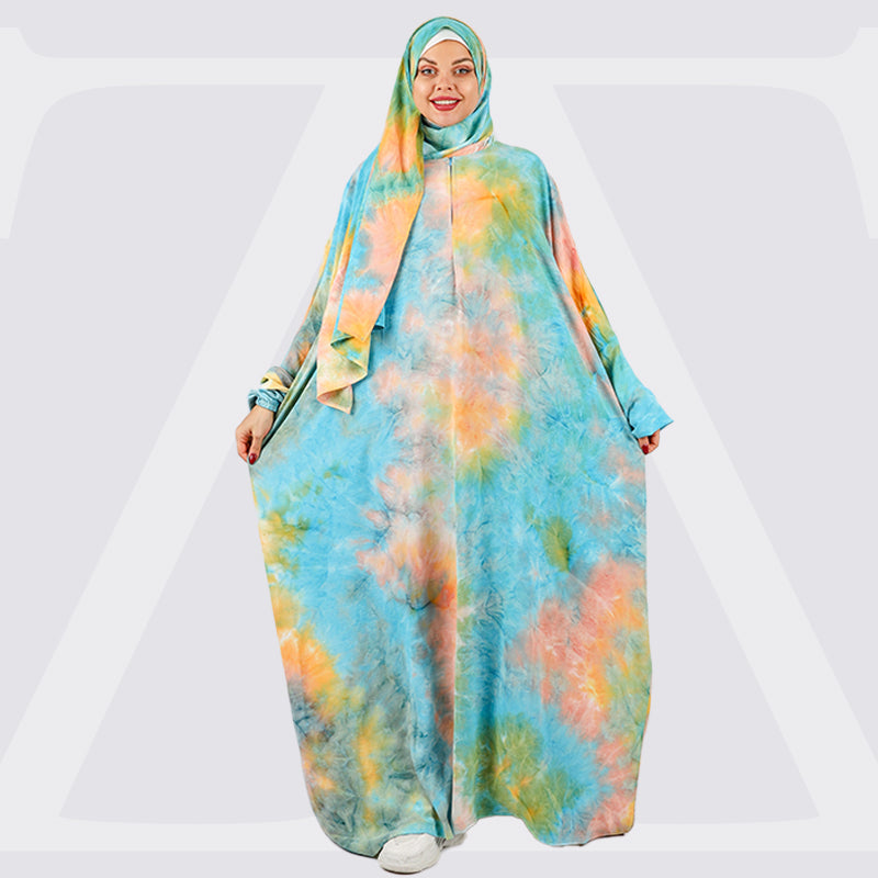 Practical crepe Tie-dye prayer dress with headscarf