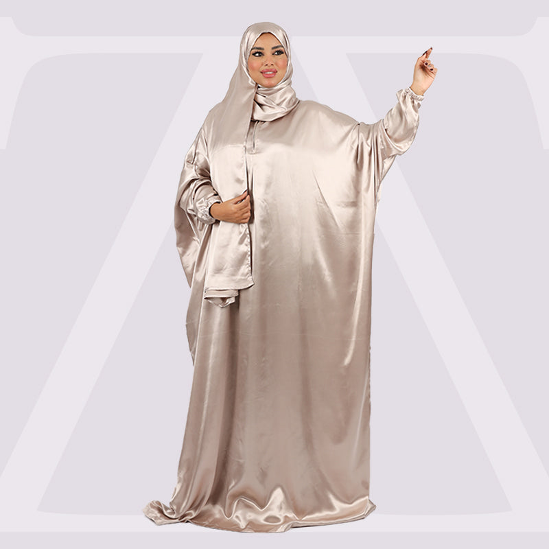 Practical plain silky satin prayer dress with headscarf