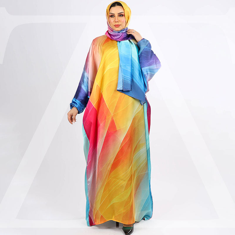 Practical Printed - silky satin prayer dress with headscarf