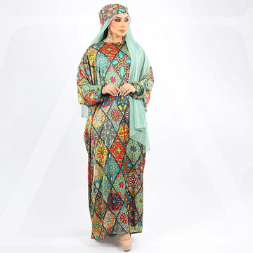 Practical Printed - silky satin prayer dress with headscarf