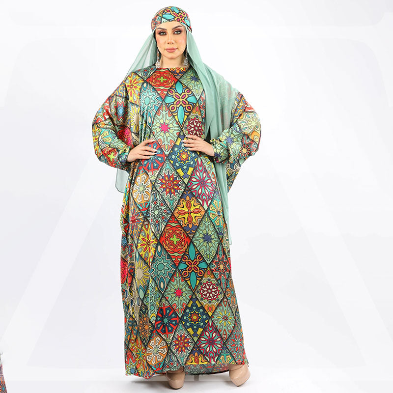 Practical Printed - silky satin prayer dress with headscarf