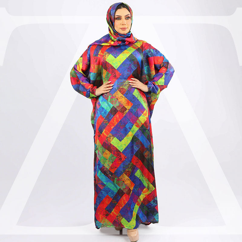 Practical Printed - silky satin prayer dress with headscarf