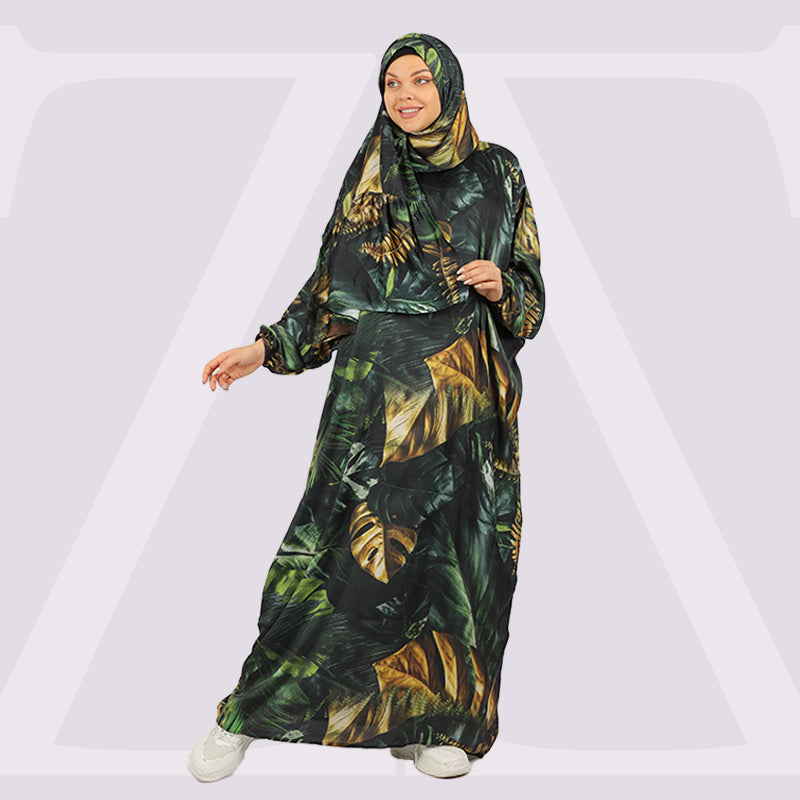 Practical Printed - silky satin prayer dress with headscarf