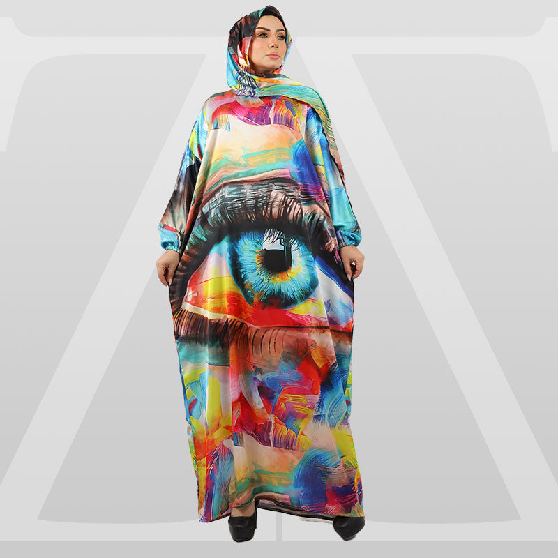 Practical Printed - silky satin prayer dress with headscarf
